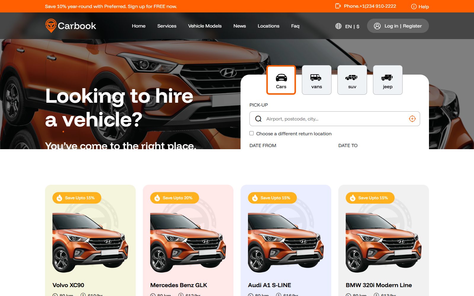 Carbook Car Rental Landing Page